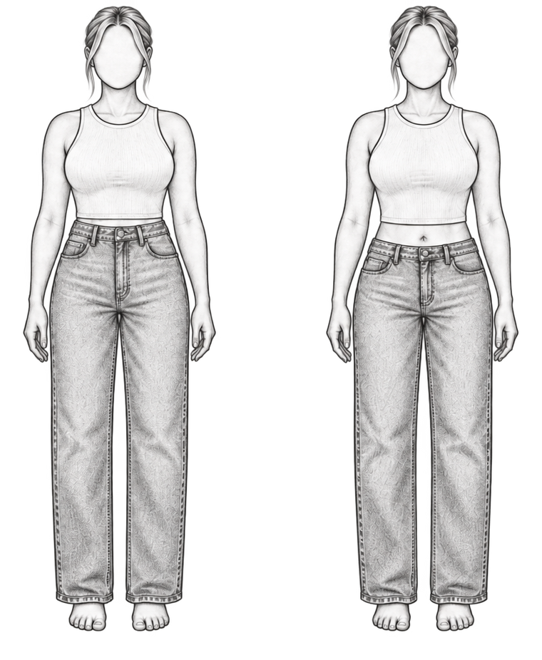 Stretch Straight Jean (higher rise) next to Mid-Rise Straight Jean (lower rise)